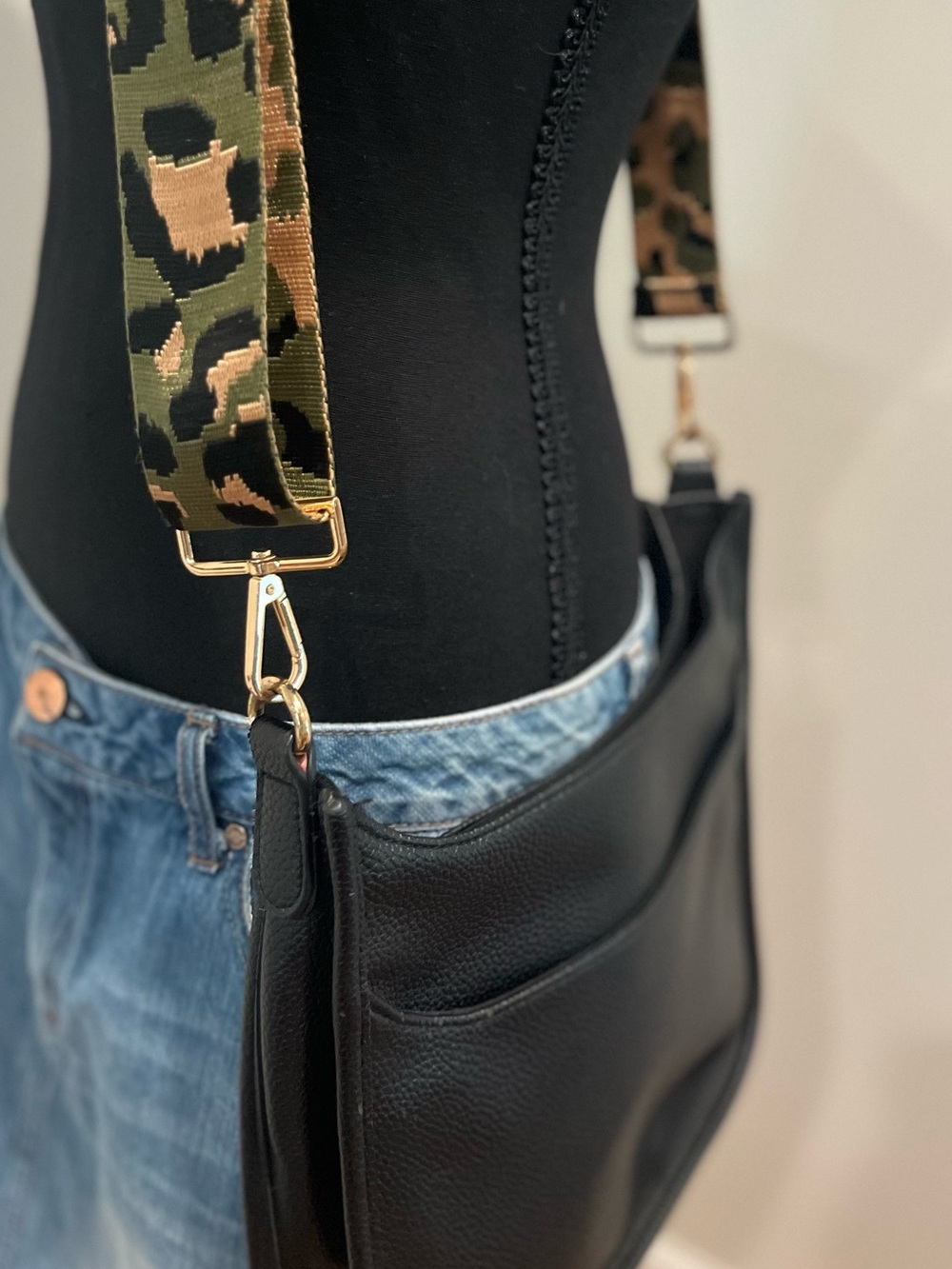Black Crossbody Bag with Camouflage Strap